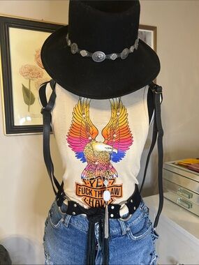 VTG leather Harley Davidson Belt & vintage Harley Wool Western Concho  Hat